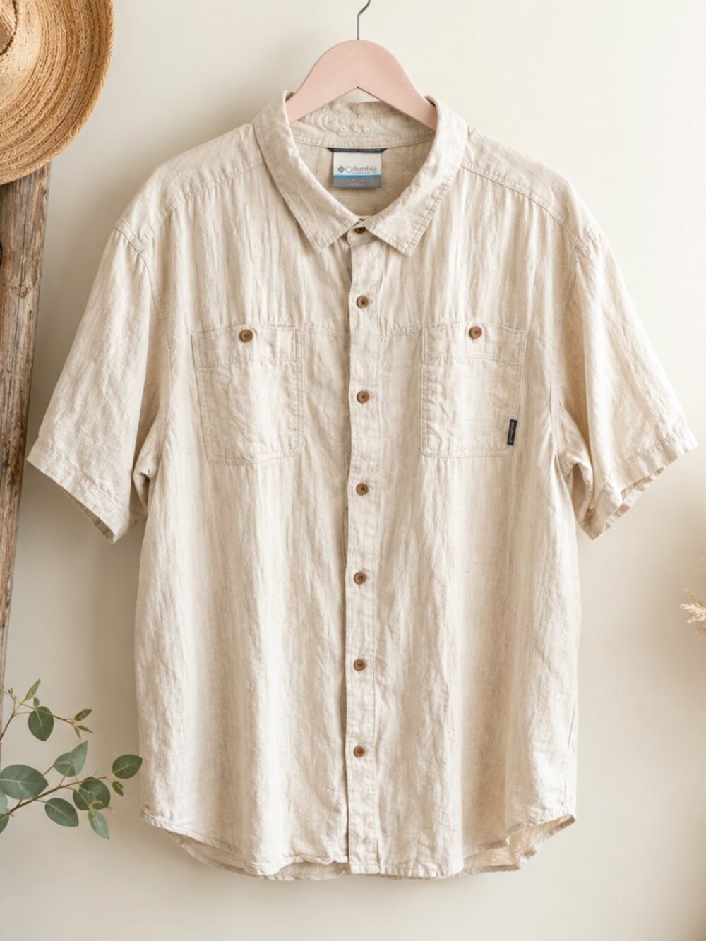 Columbia Men’s XL Hemp Cotton Short Sleeve Button Down Shirt Beige